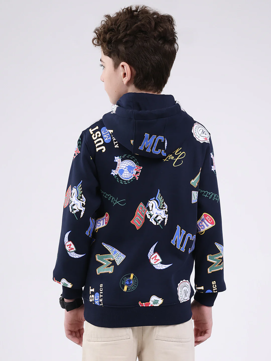 Boys Navy Blue Printed Round Neck Full Sleeve Sweatshirt - Image 5
