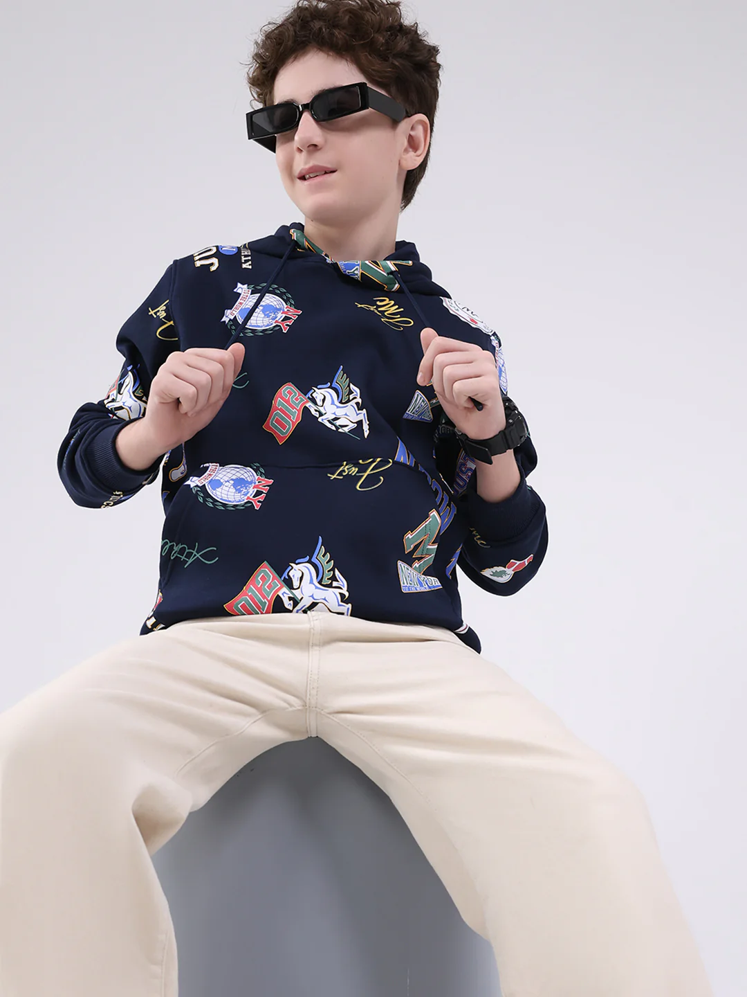 Boys Navy Blue Printed Round Neck Full Sleeve Sweatshirt - Image 6