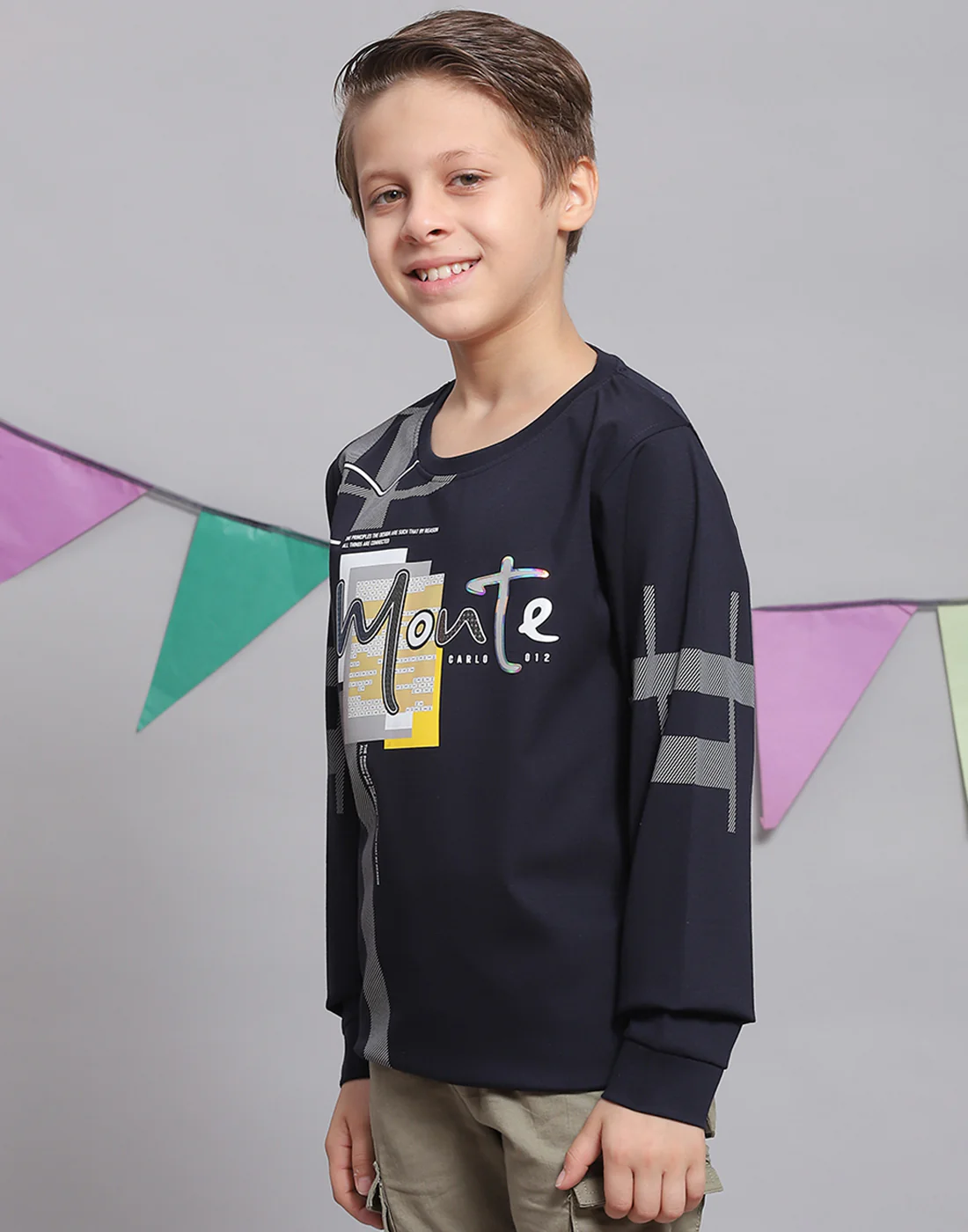 Boys Navy Blue Printed Round Neck Full Sleeve T-Shirts - Image 3
