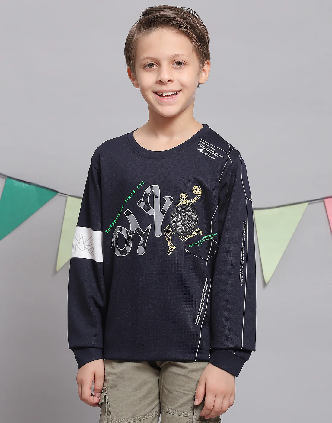 Boys Navy Blue Printed Round Neck Full Sleeve T-Shirts - Image 2
