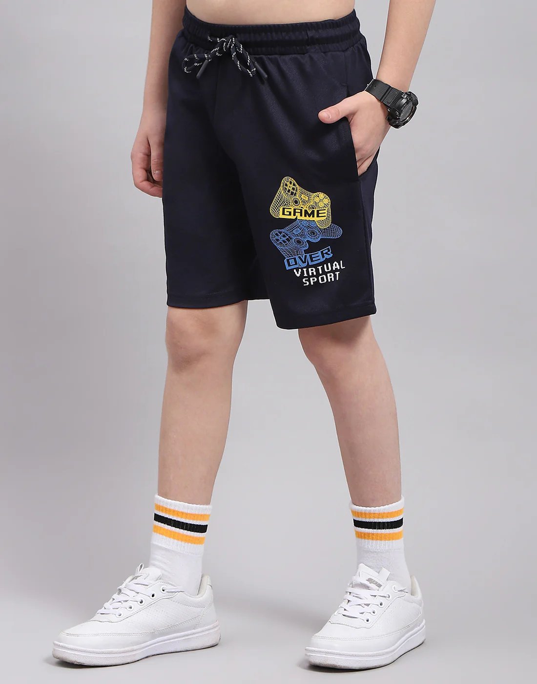 Boys Navy Blue Printed Round Neck Half Sleeve Bermuda Set - Image 7