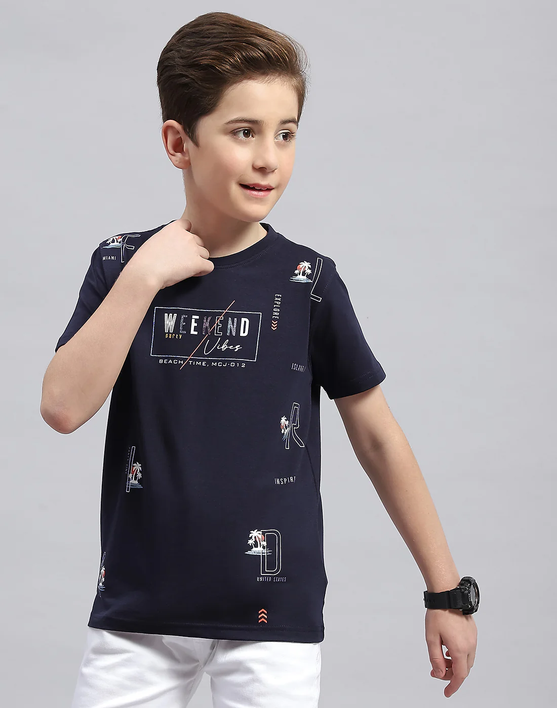 Boys Navy Blue Printed Round Neck Half Sleeve T-Shirt - Image 2