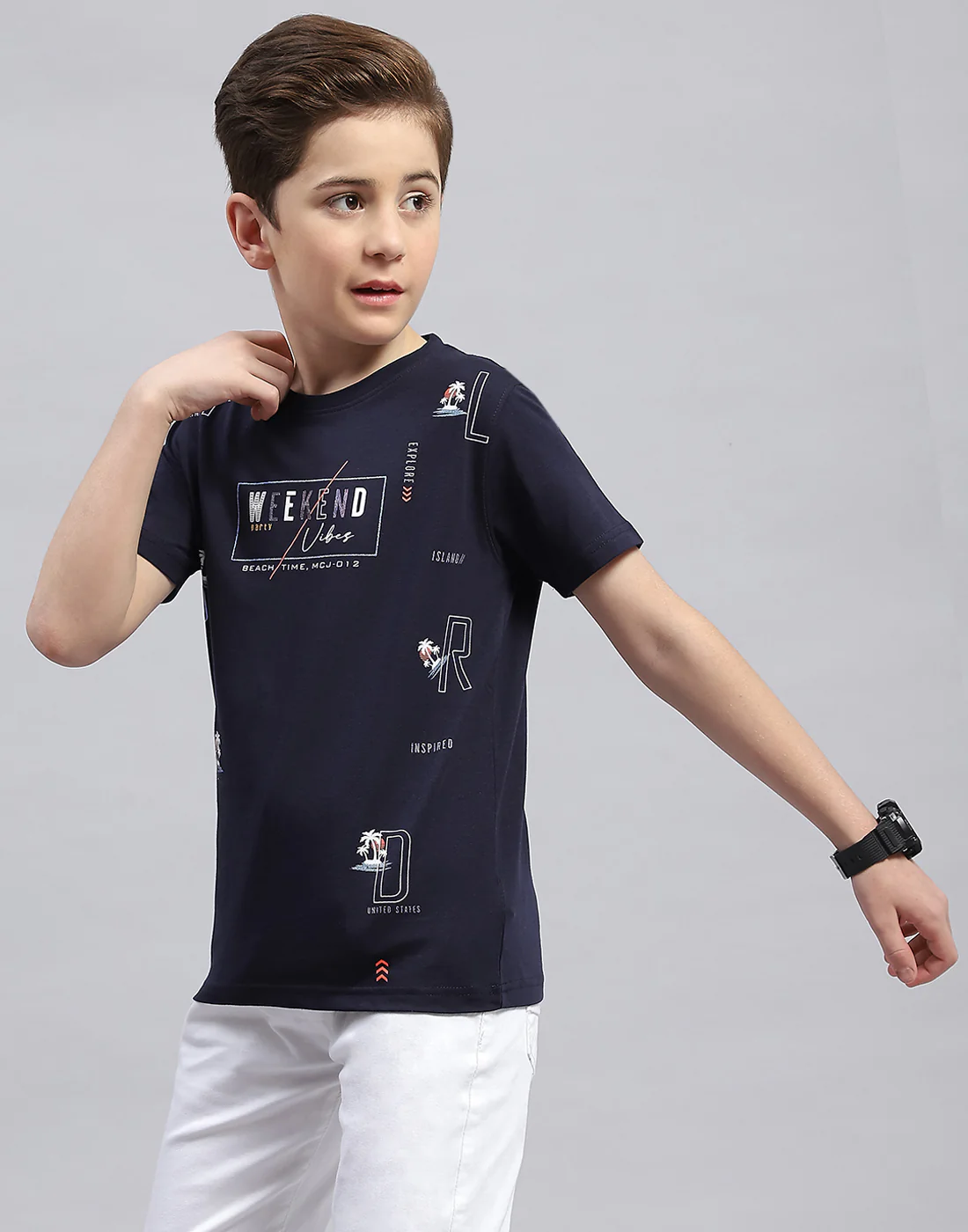 Boys Navy Blue Printed Round Neck Half Sleeve T-Shirt - Image 3