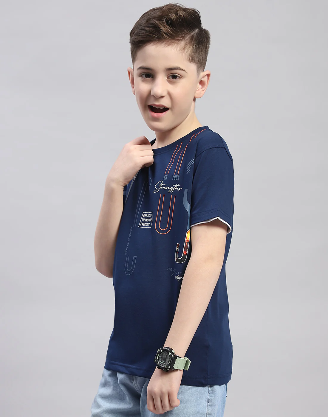 Boys Navy Blue Printed Round Neck Half Sleeve T-Shirt - Image 3