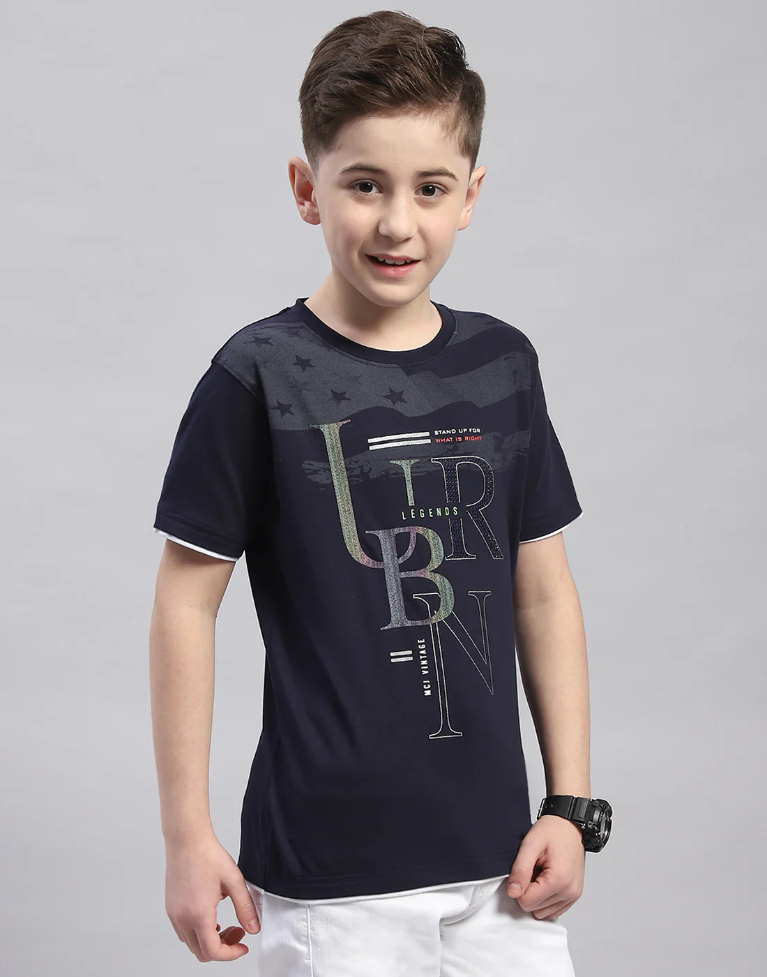 Boys Navy Blue Printed Round Neck Half Sleeve T-Shirt - Image 4