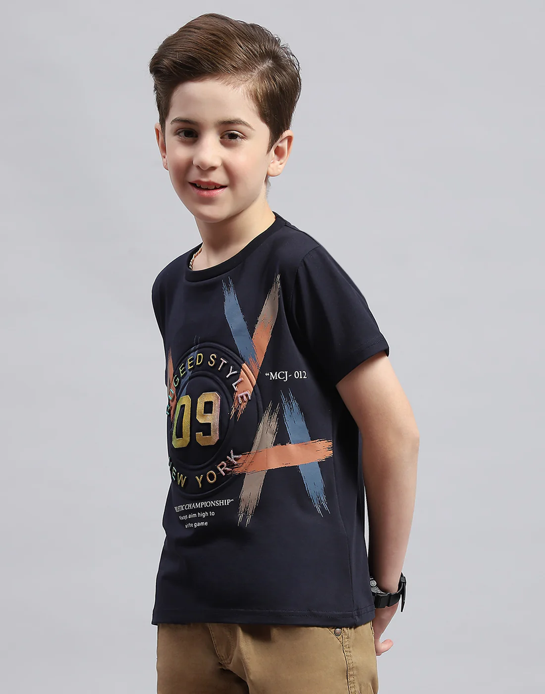 Boys Navy Blue Printed Round Neck Half Sleeve T-Shirt - Image 3