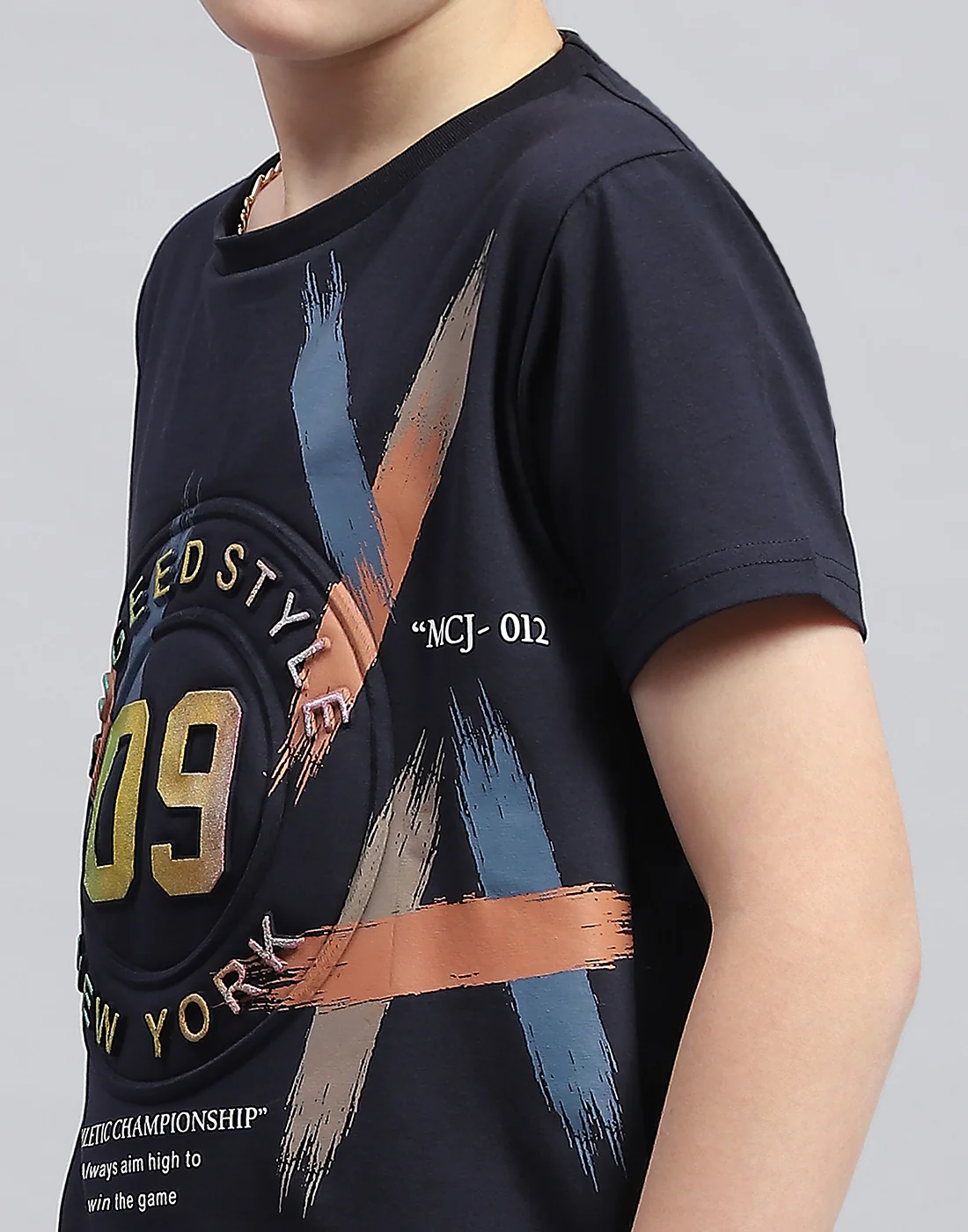 Boys Navy Blue Printed Round Neck Half Sleeve T-Shirt - Image 6