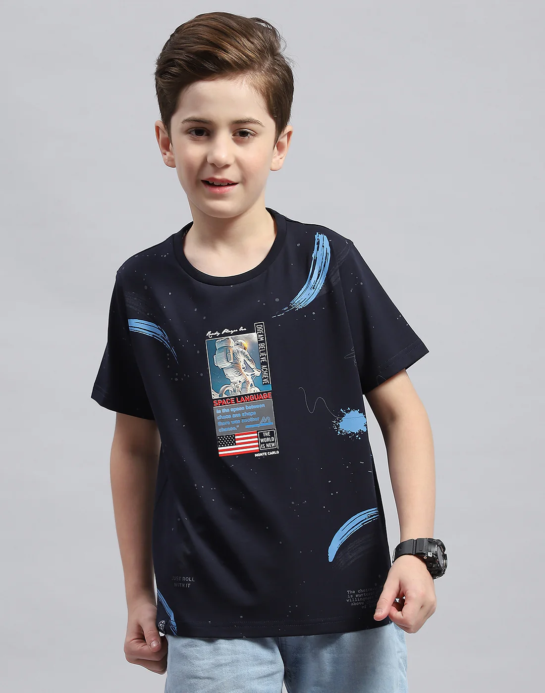 Boys Navy Blue Printed Round Neck Half Sleeve T-Shirt - Image 3