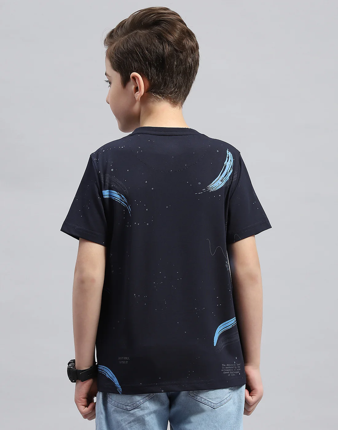 Boys Navy Blue Printed Round Neck Half Sleeve T-Shirt - Image 5