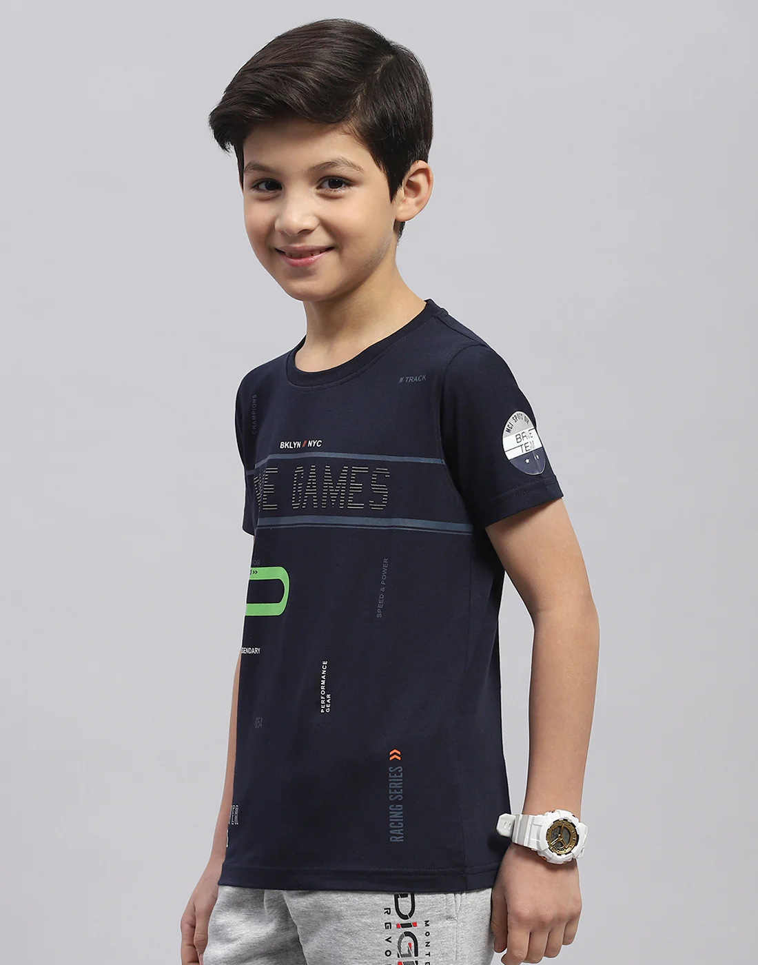 Boys Navy Blue Printed Round Neck Half Sleeve T-Shirt - Image 3