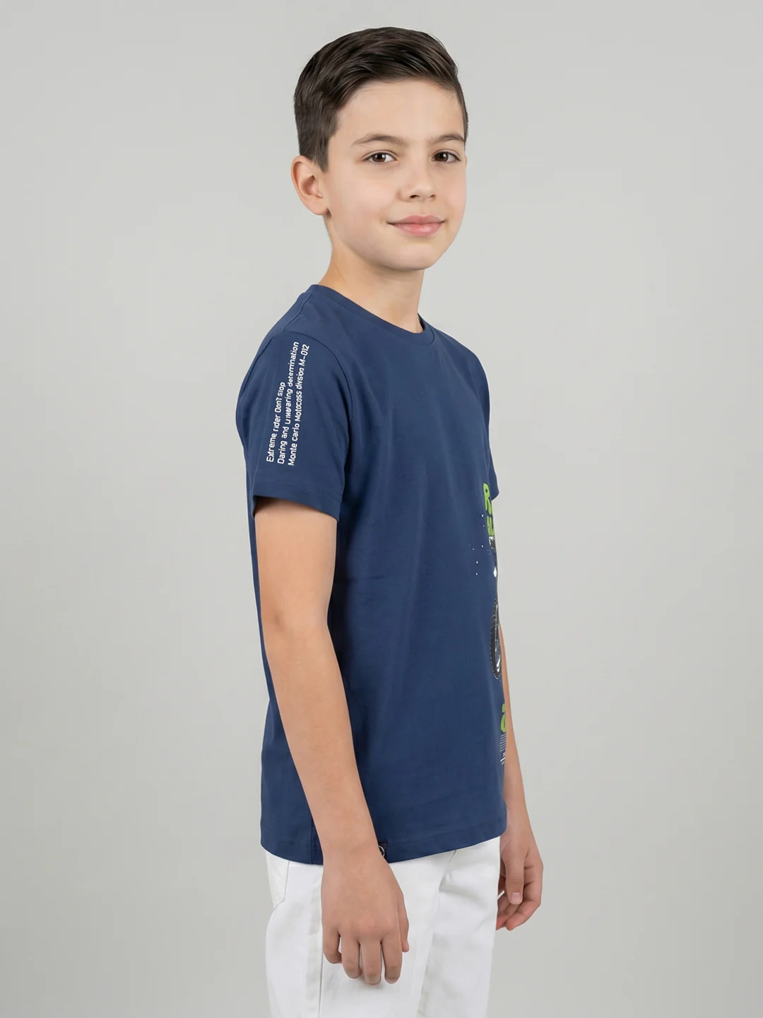 Boys Navy Blue Printed Round Neck Half Sleeve T-Shirt - Image 2