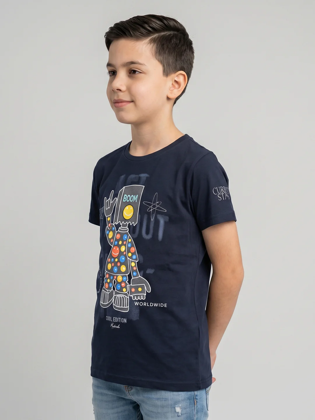 Boys Navy Blue Printed Round Neck Half Sleeve T-Shirt - Image 3
