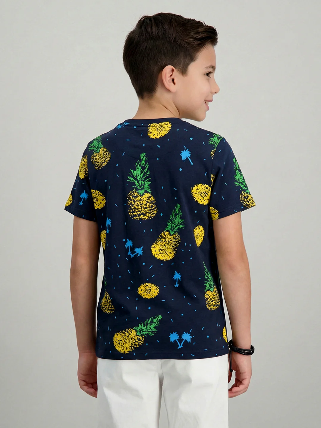 Boys Navy Blue Printed Round Neck Half Sleeve T-Shirt - Image 4