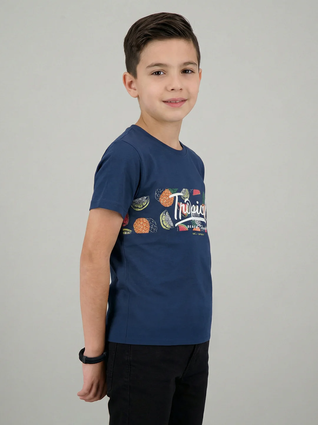 Boys Navy Blue Printed Round Neck Half Sleeve T-Shirt - Image 2