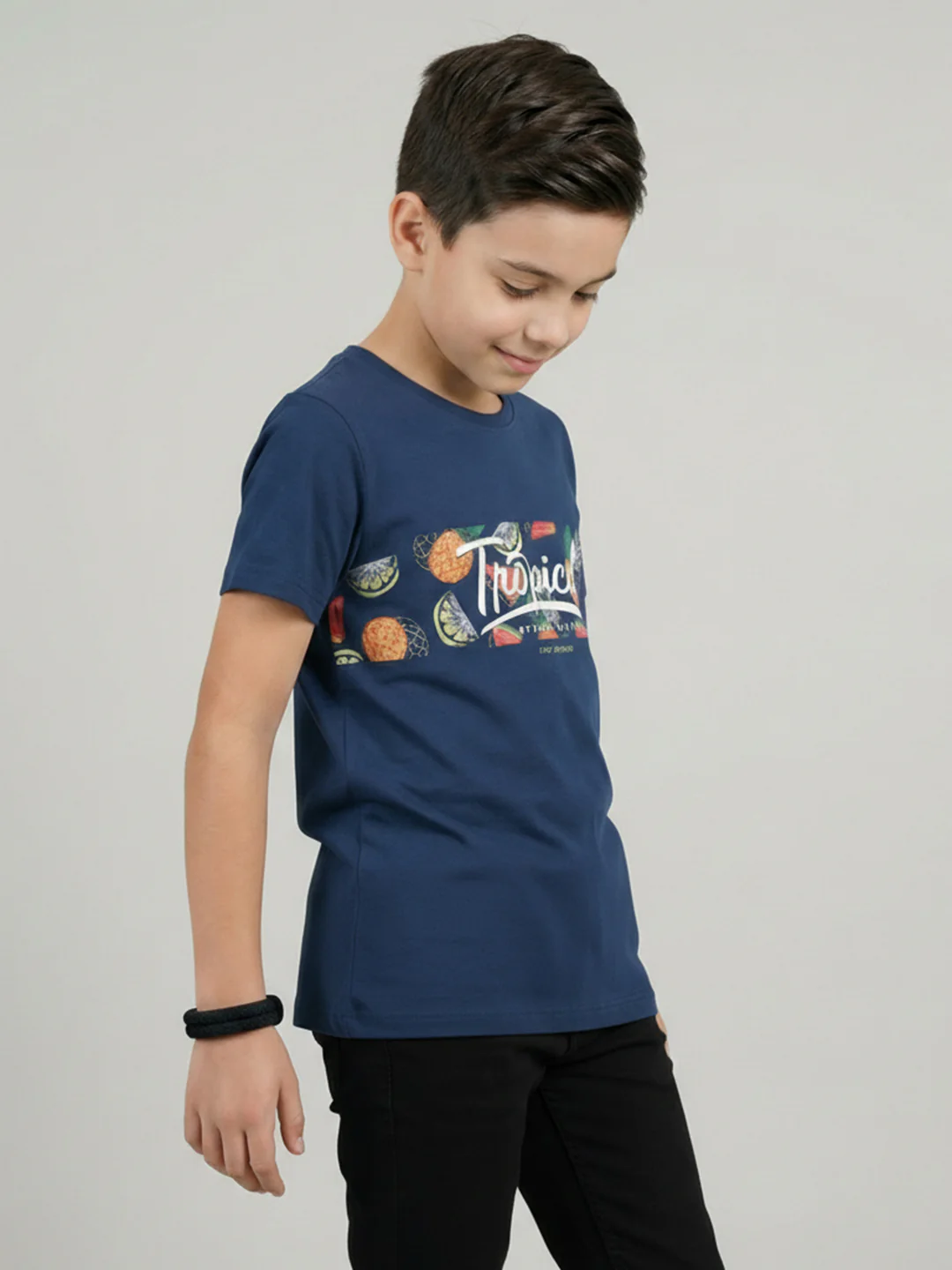 Boys Navy Blue Printed Round Neck Half Sleeve T-Shirt - Image 3