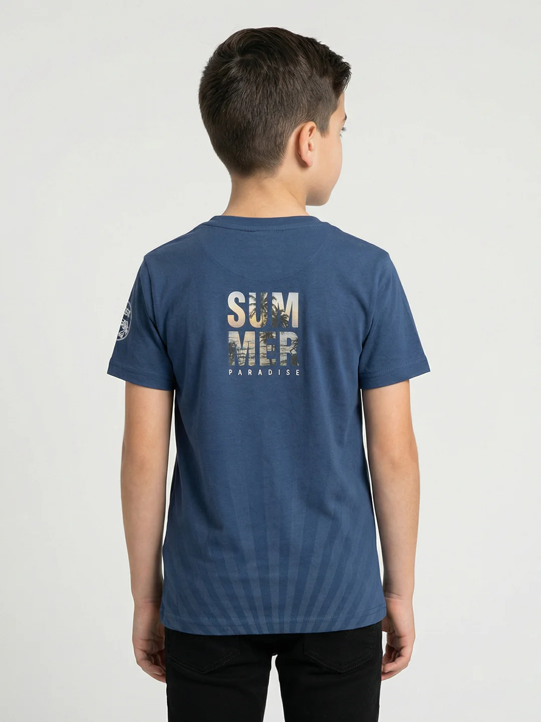 Boys Navy Blue Printed Round Neck Half Sleeve T-Shirt - Image 4