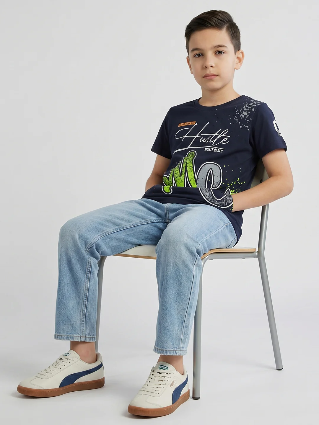Boys Navy Blue Printed Round Neck Half Sleeve T-Shirt - Image 5