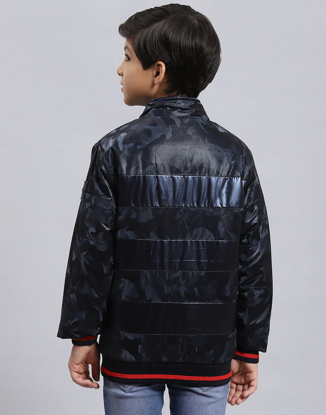 Boys Navy Blue Printed Stand Collar Full Sleeve Boys Jacket - Image 6