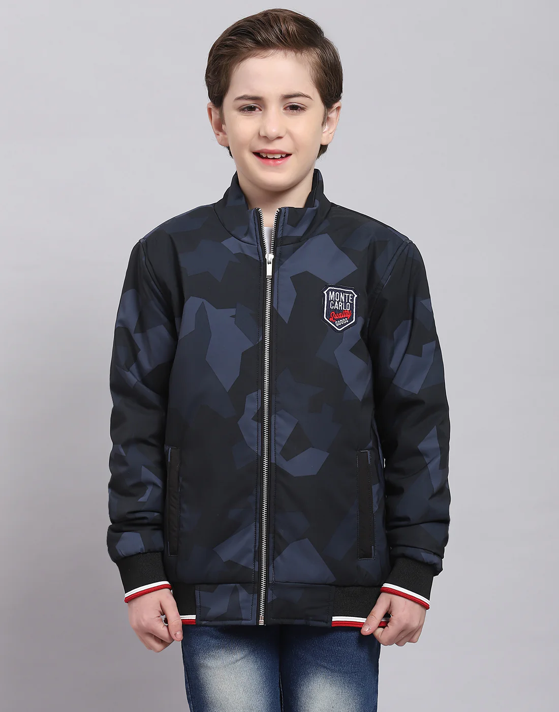 Boys Navy Blue Printed Stand Collar Full Sleeve Boys Jacket - Image 3