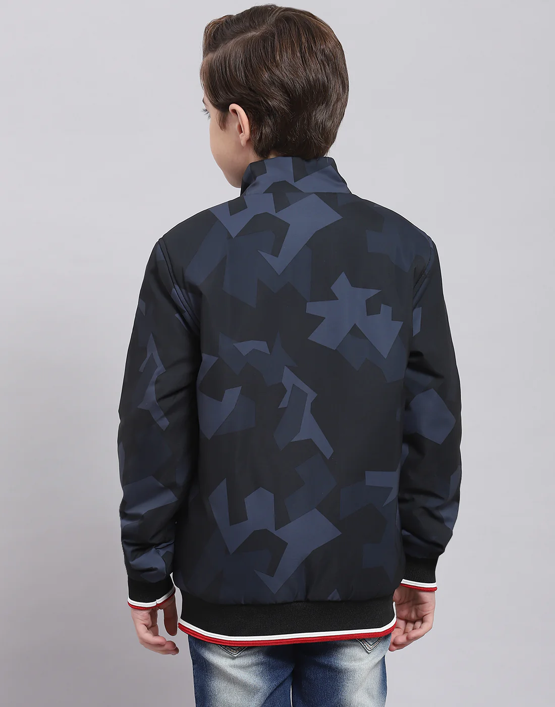 Boys Navy Blue Printed Stand Collar Full Sleeve Boys Jacket - Image 5