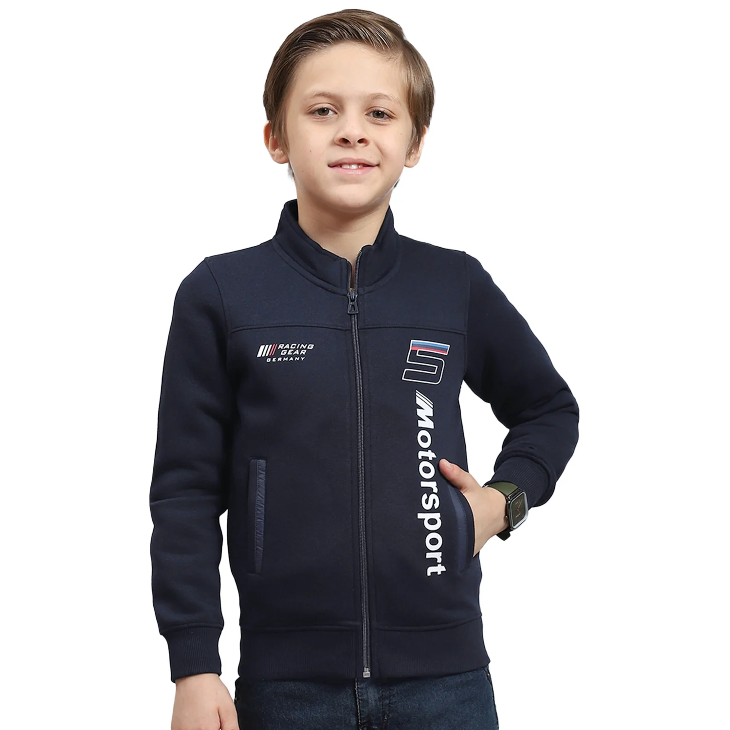 Boys Navy Blue Printed Stand Collar Full Sleeve Sweatshirt - Image 5