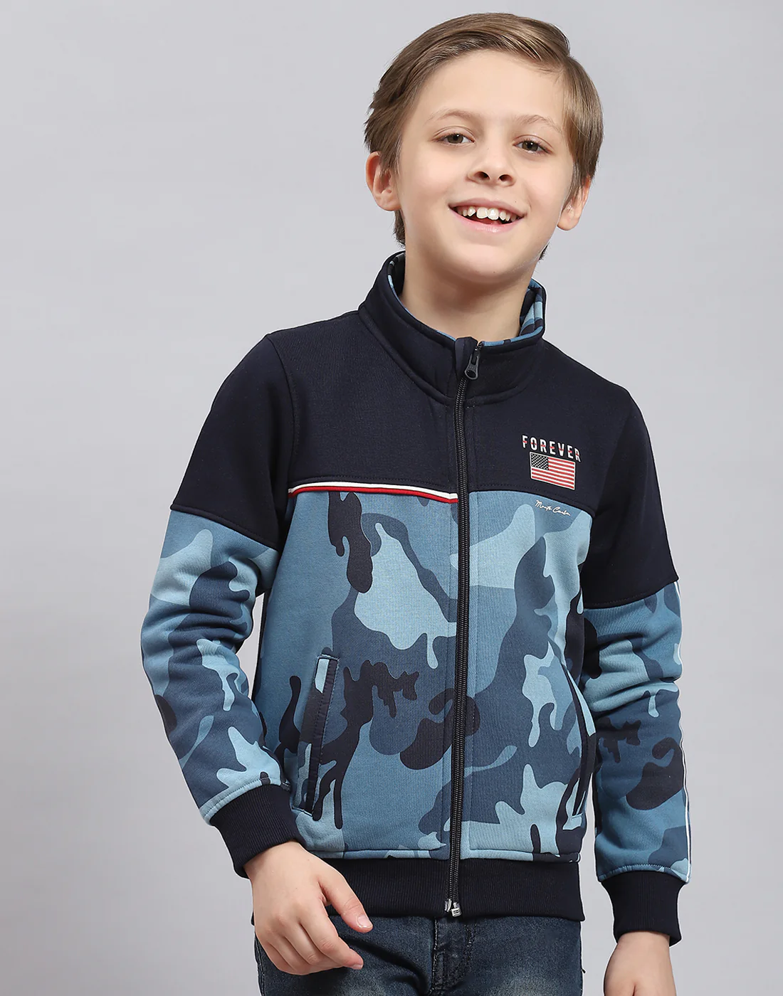 Boys Navy Blue Printed Stand Collar Full Sleeve Sweatshirt - Image 2