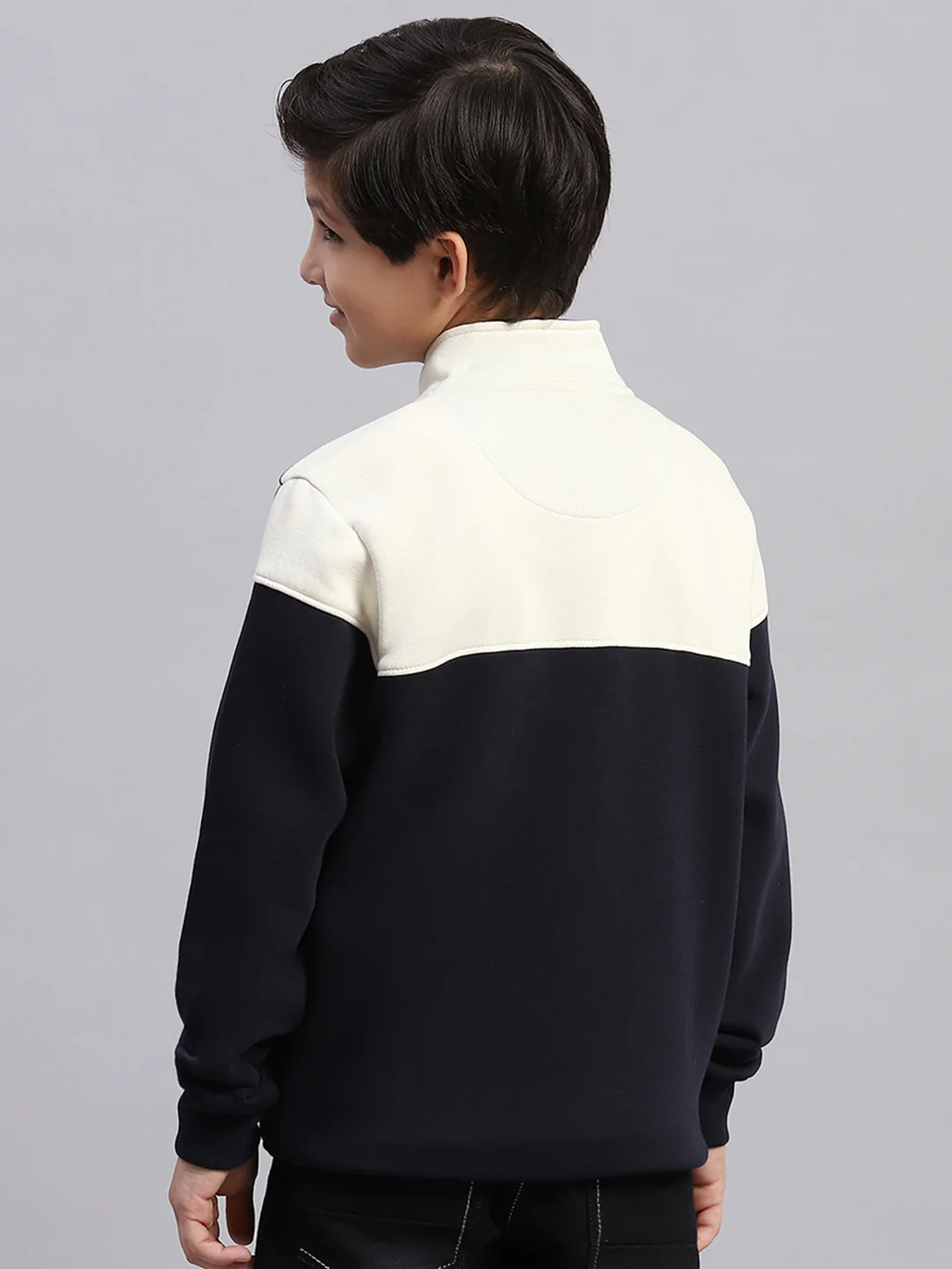 Boys Navy Blue Printed Stand Collar Full Sleeve Sweatshirt - Image 5