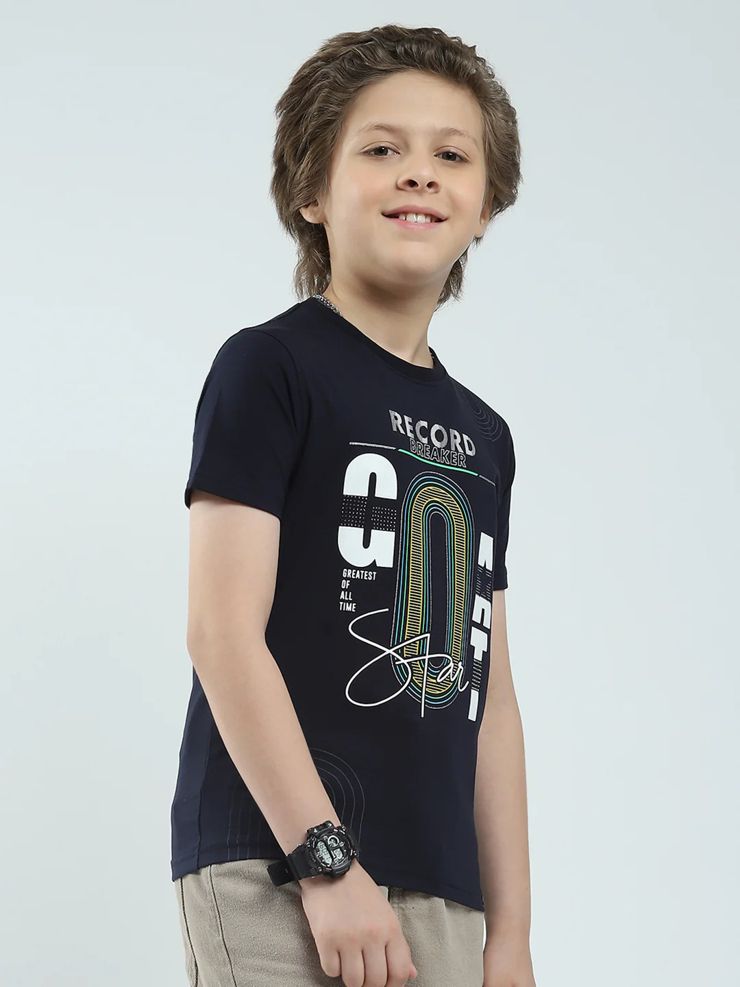 Boys Navy Blue Printed Round Neck Half Sleeve T-Shirt - Image 4
