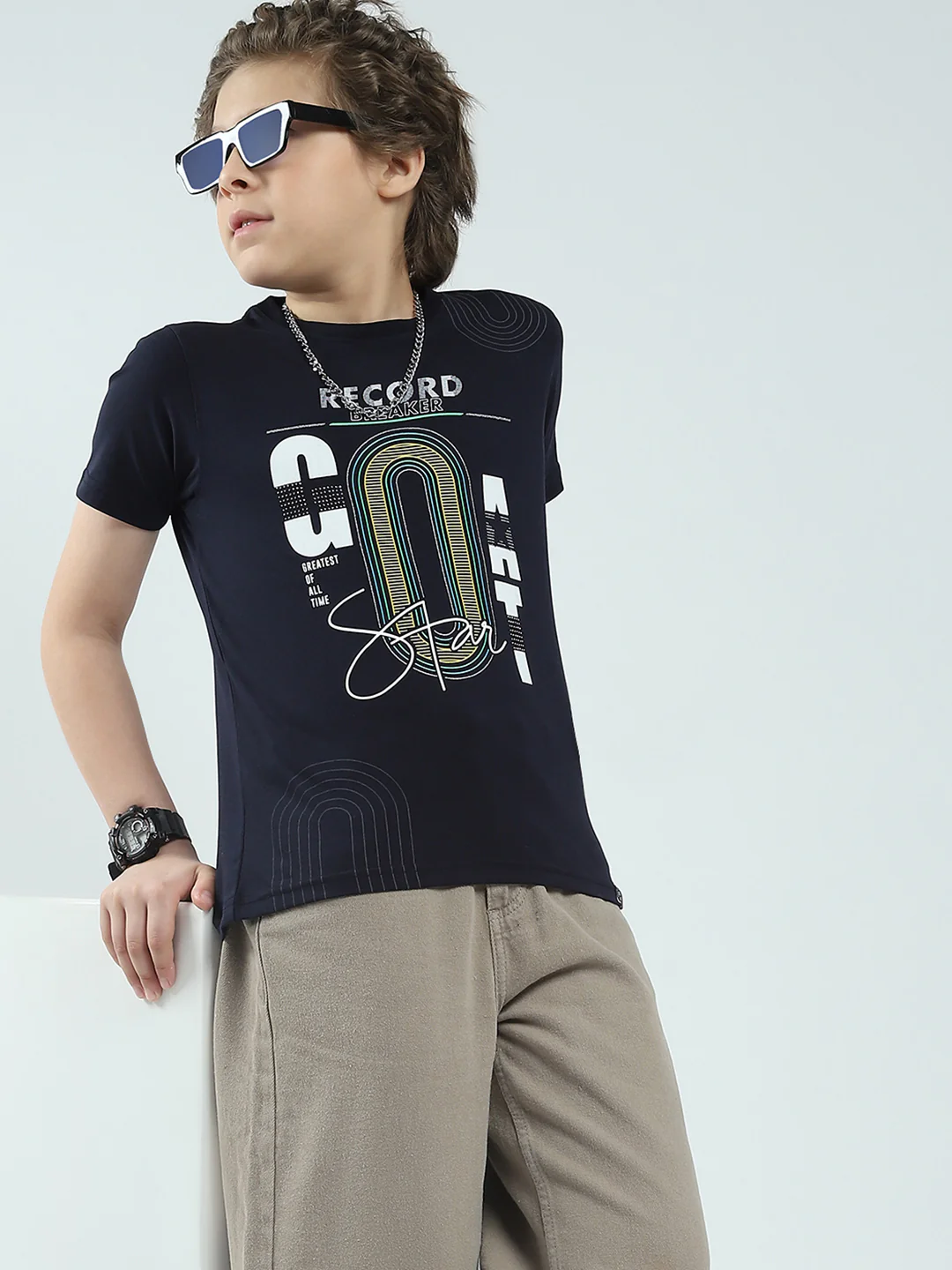 Boys Navy Blue Printed Round Neck Half Sleeve T-Shirt - Image 6