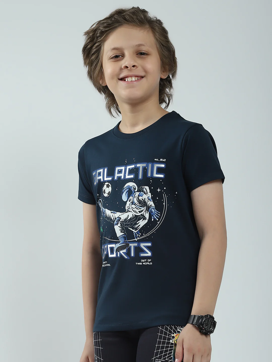 Boys Navy Blue Printed Round Neck Half Sleeve T-Shirt - Image 3
