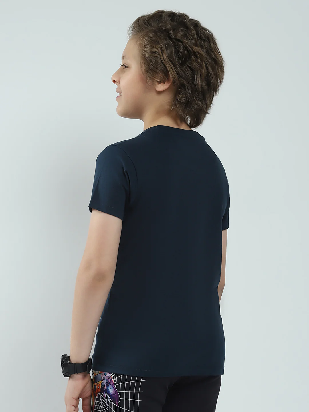 Boys Navy Blue Printed Round Neck Half Sleeve T-Shirt - Image 5