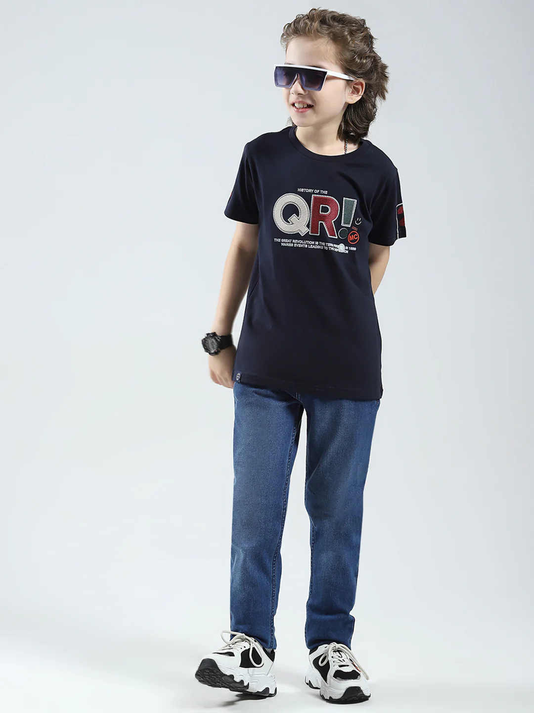 Boys Navy Blue Printed Round Neck Half Sleeve T-Shirt - Image 2