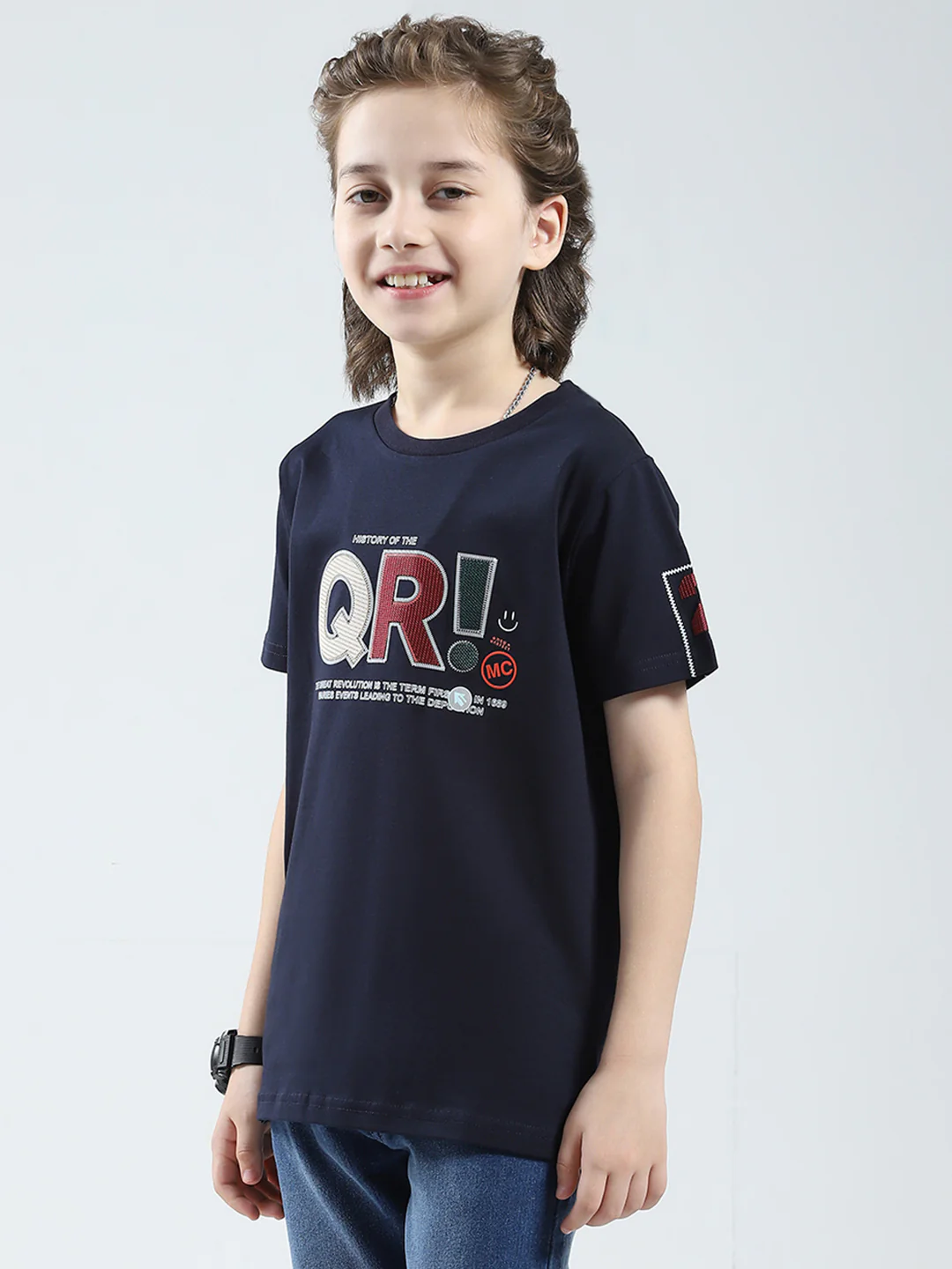 Boys Navy Blue Printed Round Neck Half Sleeve T-Shirt - Image 3
