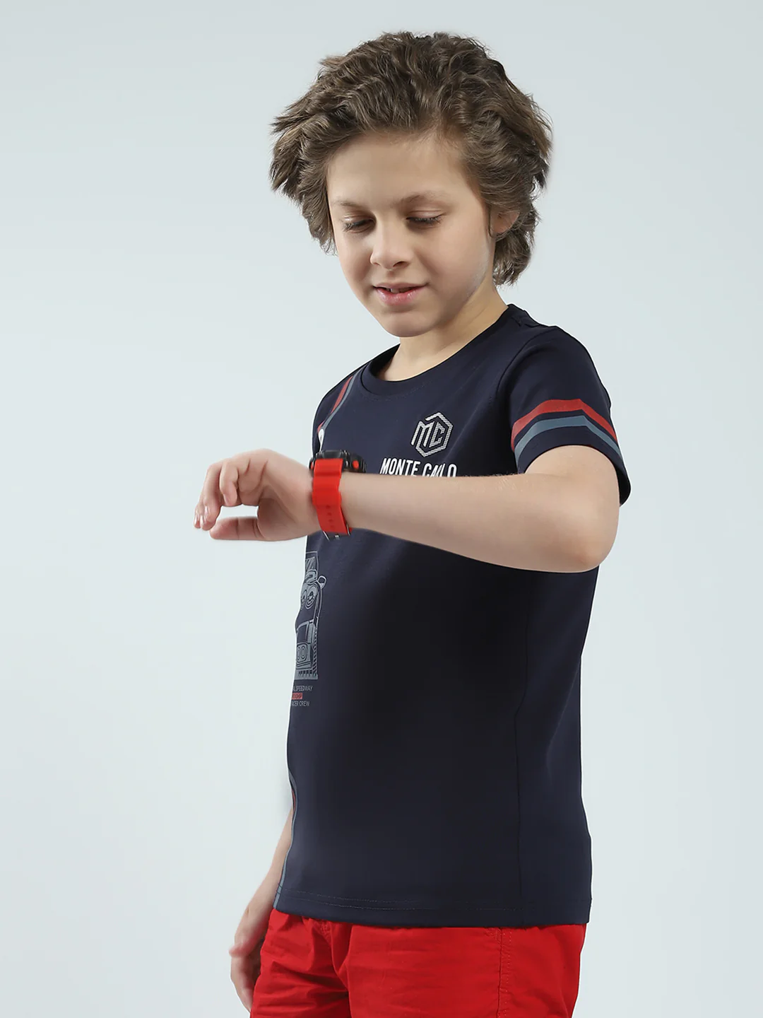 Boys Navy Blue Printed Round Neck Half Sleeve T-Shirt - Image 3