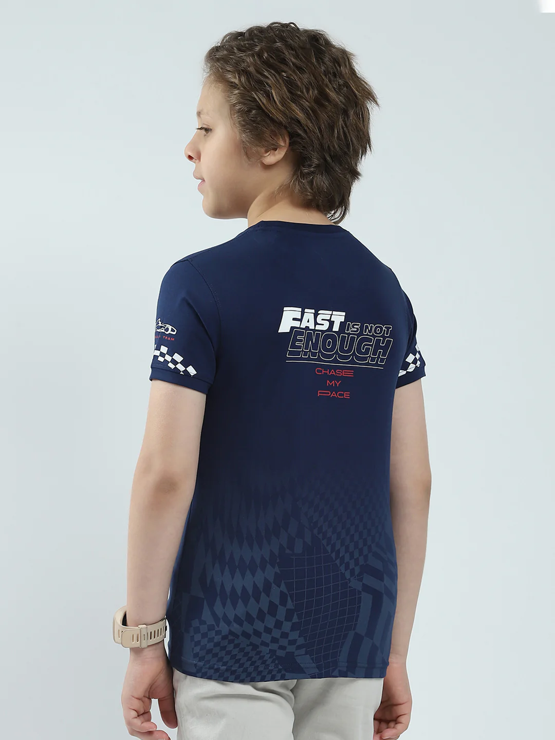 Boys Navy Blue Printed Round Neck Half Sleeve T-Shirt - Image 5
