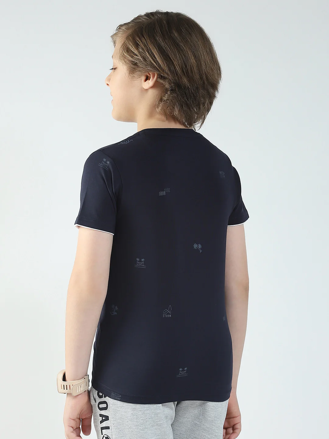 Boys Navy Blue Printed Round Neck Half Sleeve T-Shirt - Image 5