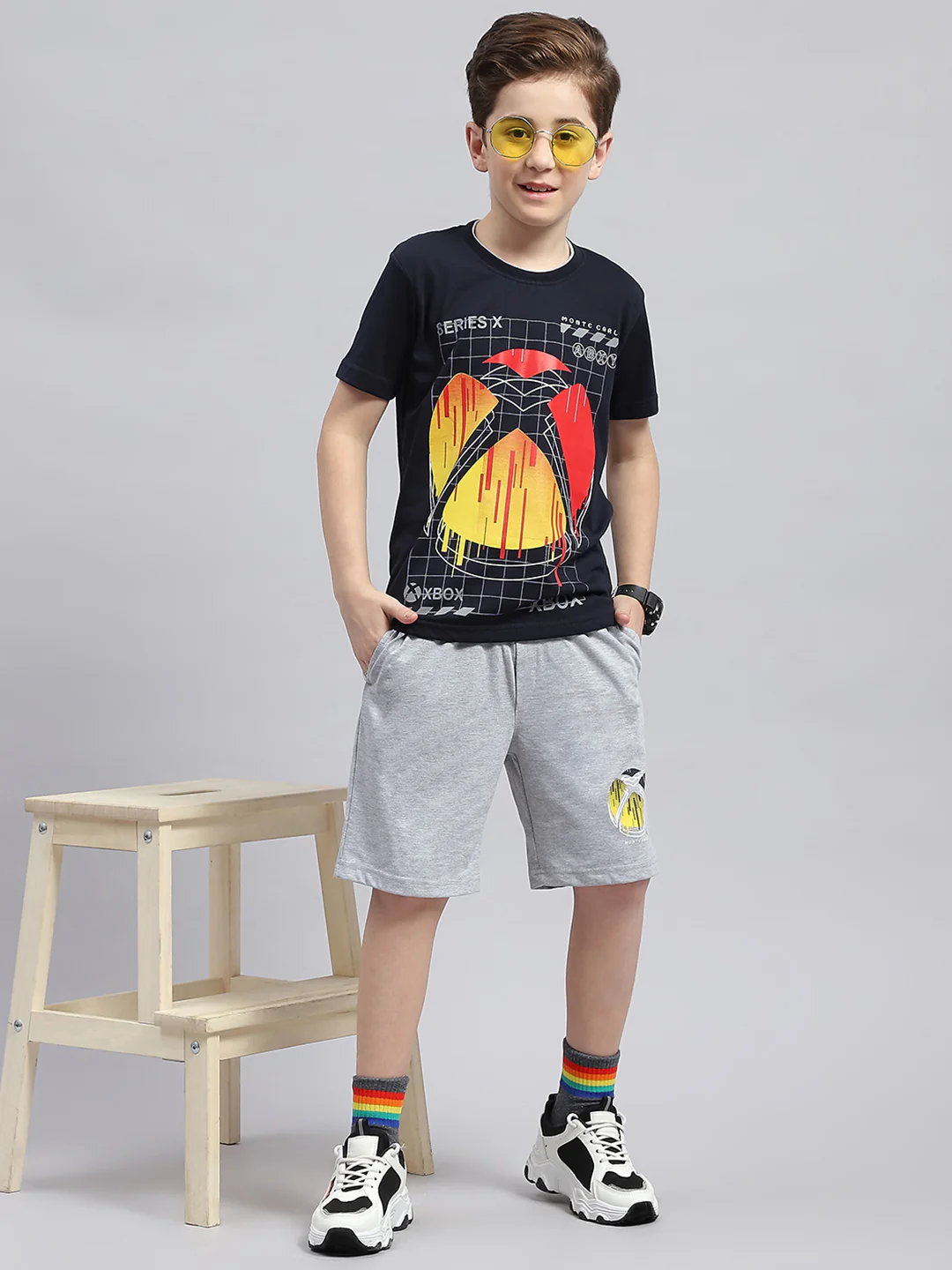 Boys Navy Blue & Grey Printed Round Neck Half Sleeve Bermuda Set - Image 2