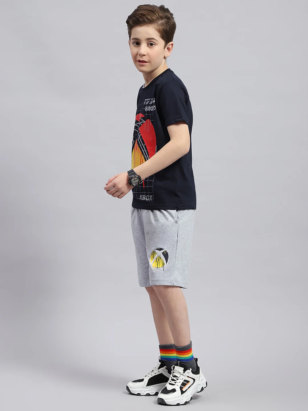 Boys Navy Blue & Grey Printed Round Neck Half Sleeve Bermuda Set - Image 3