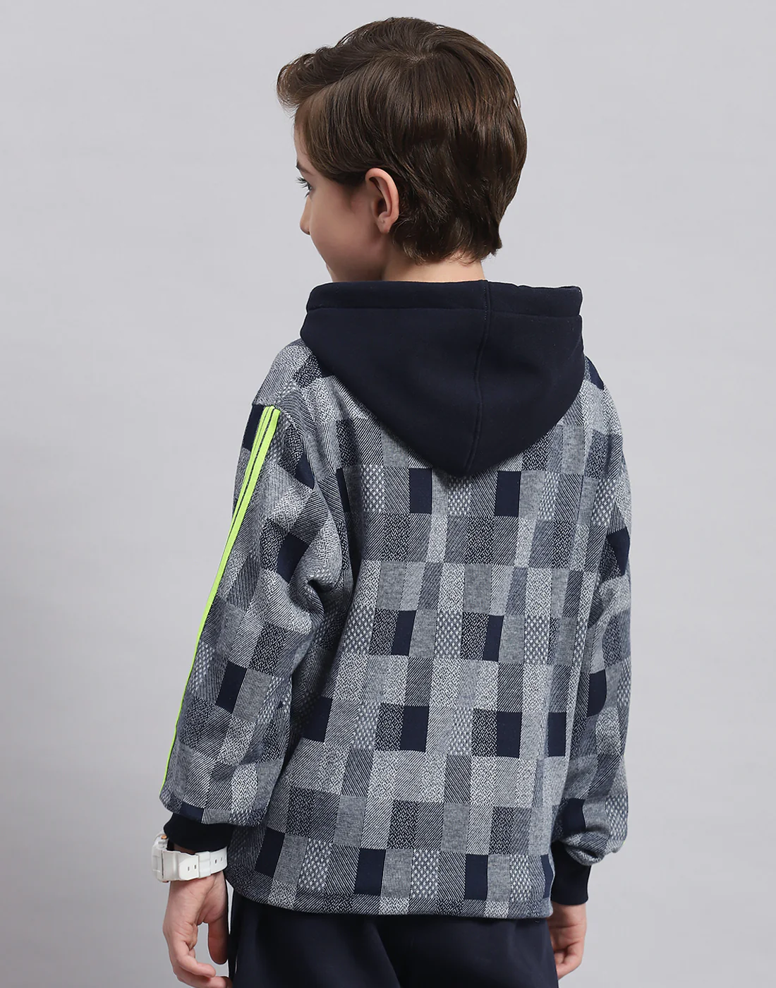 Boys Navy Blue Self Design Hooded Full Sleeve Sweatshirt - Image 5