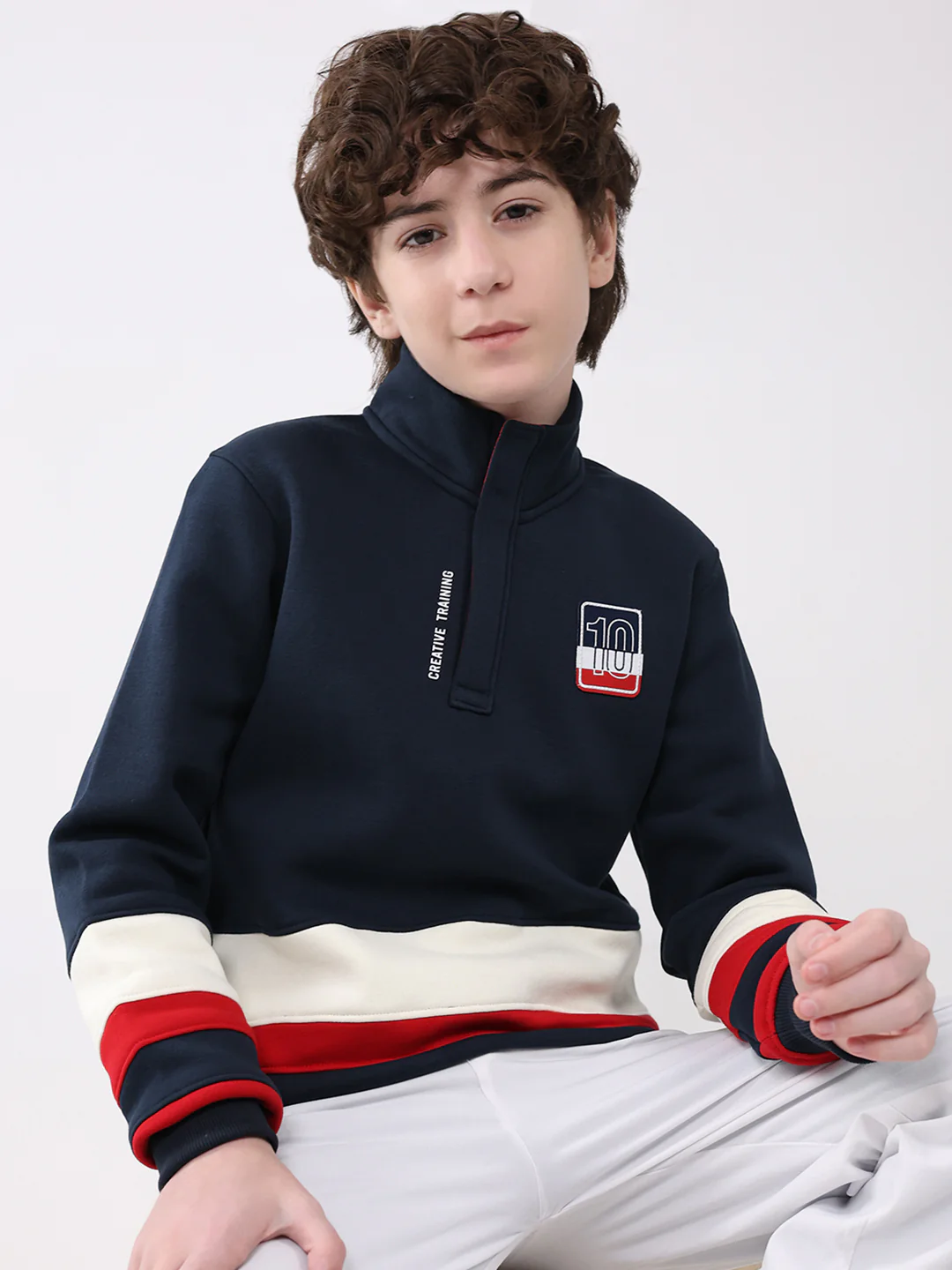 Boys Navy Blue Self Design Mock Neck Full Sleeve Sweatshirt - Image 6