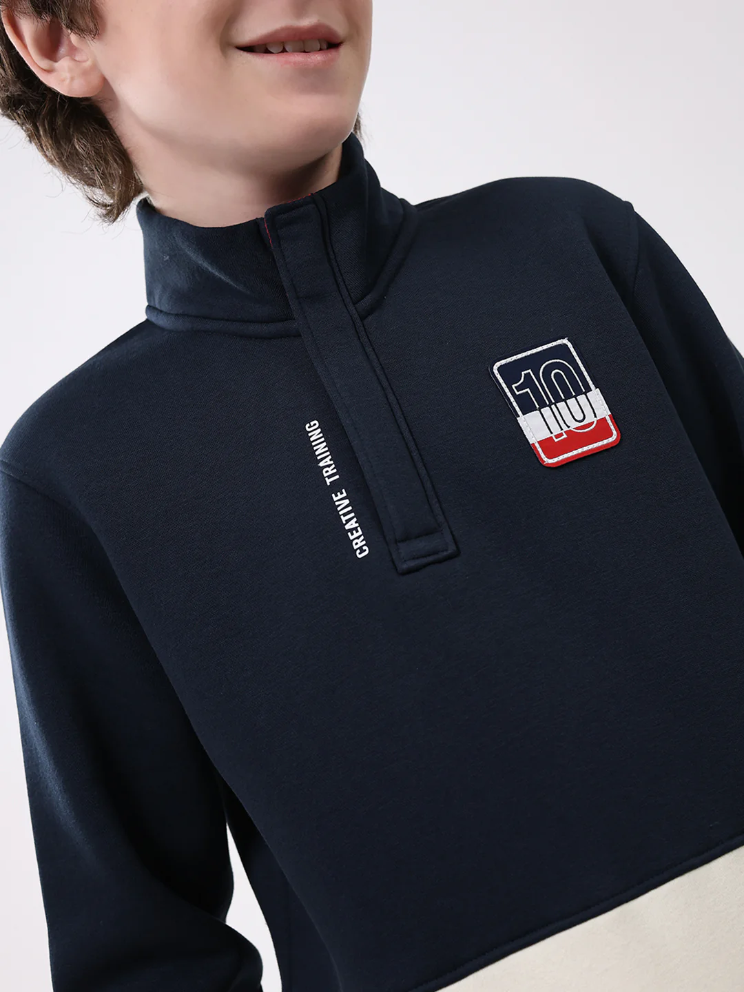 Boys Navy Blue Self Design Mock Neck Full Sleeve Sweatshirt - Image 7