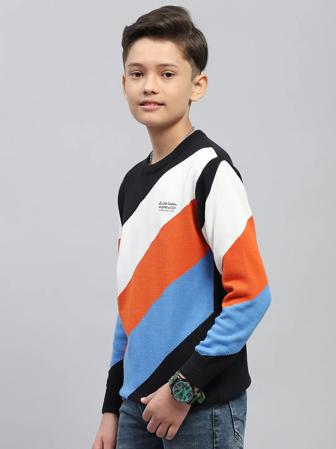 Boys Navy Blue Self Design Round Neck Full Sleeve Pullover - Image 3