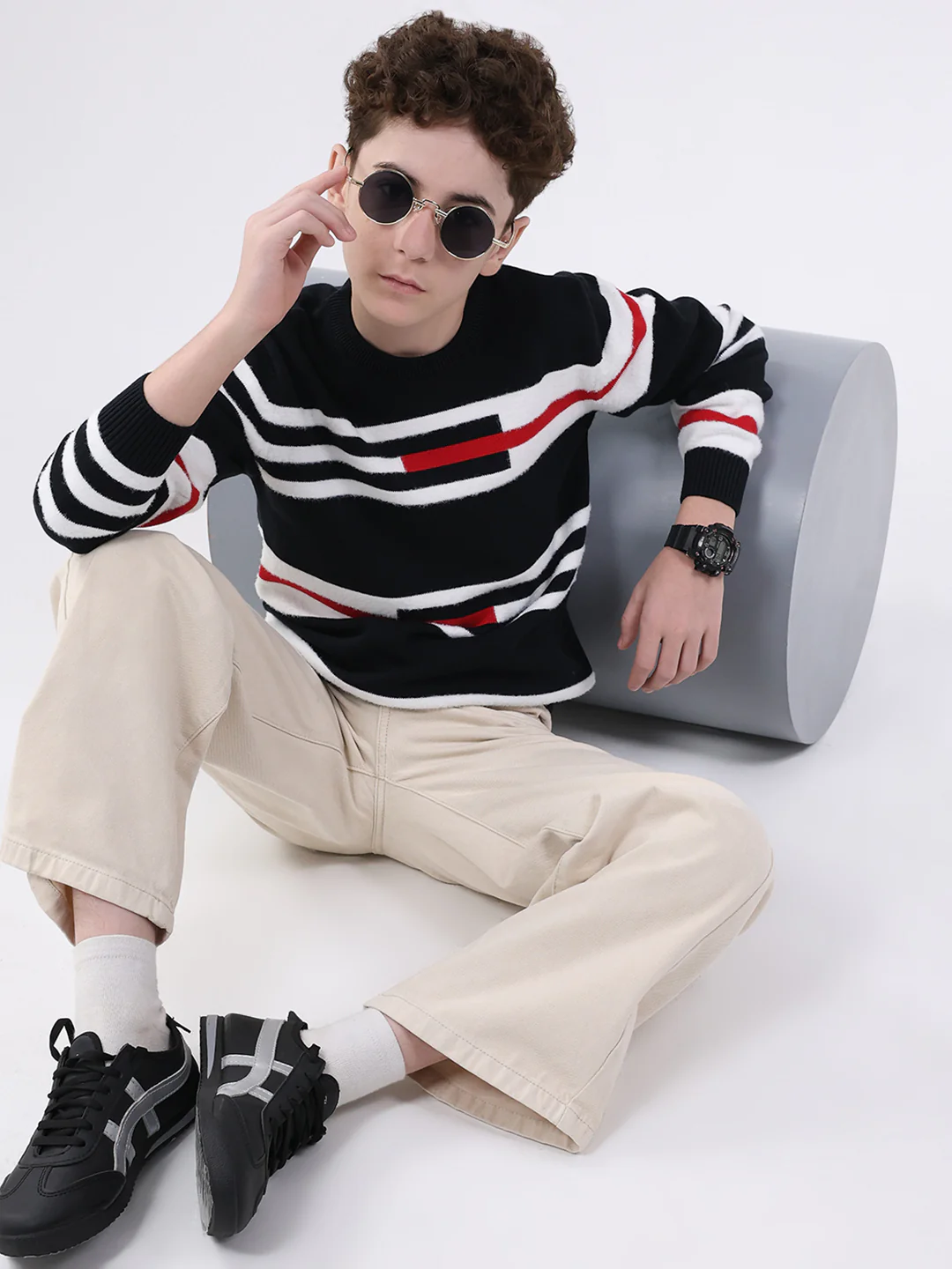 Boys Navy Blue Self Design Round Neck Full Sleeve Pullover - Image 2