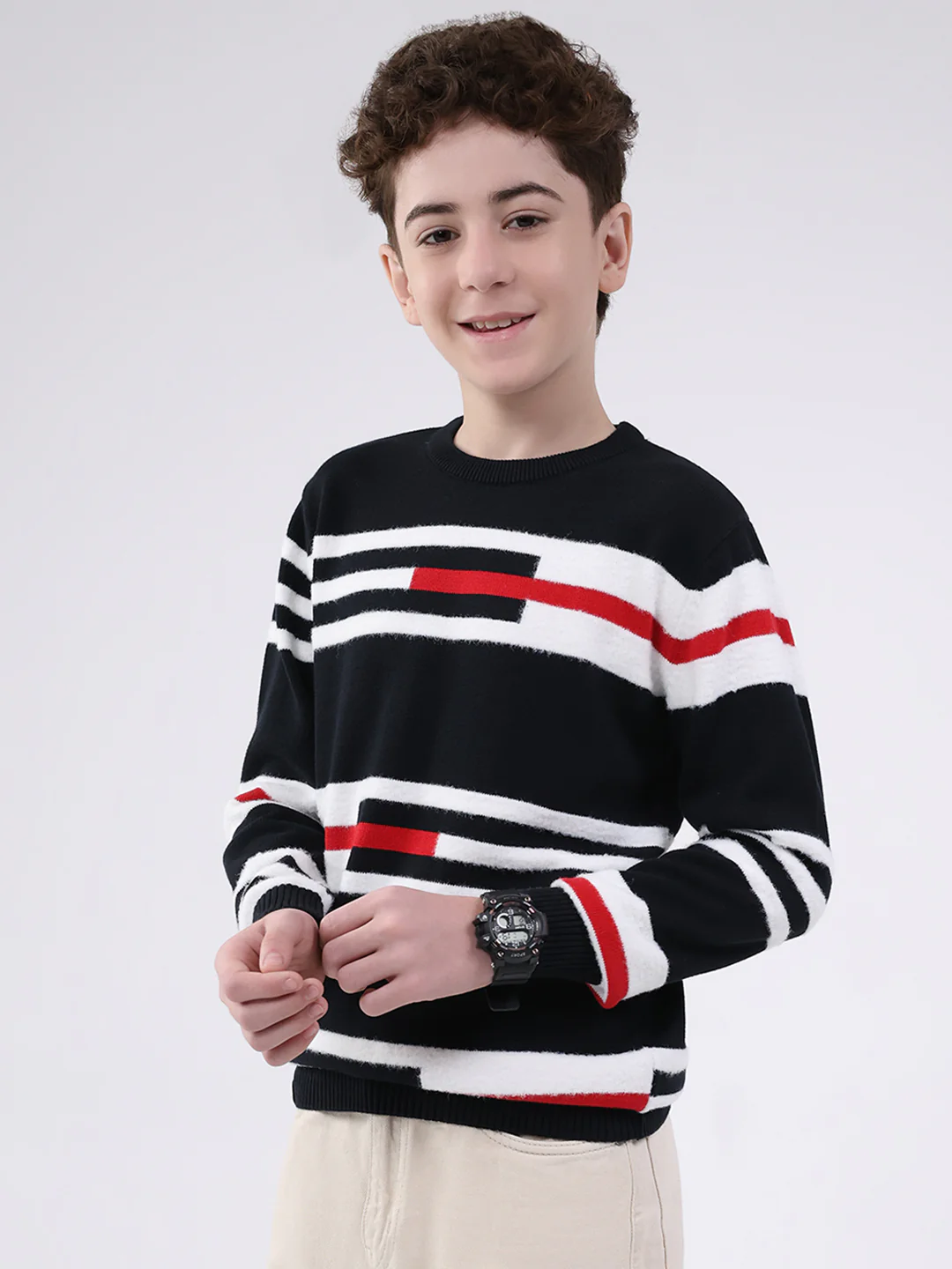 Boys Navy Blue Self Design Round Neck Full Sleeve Pullover - Image 3