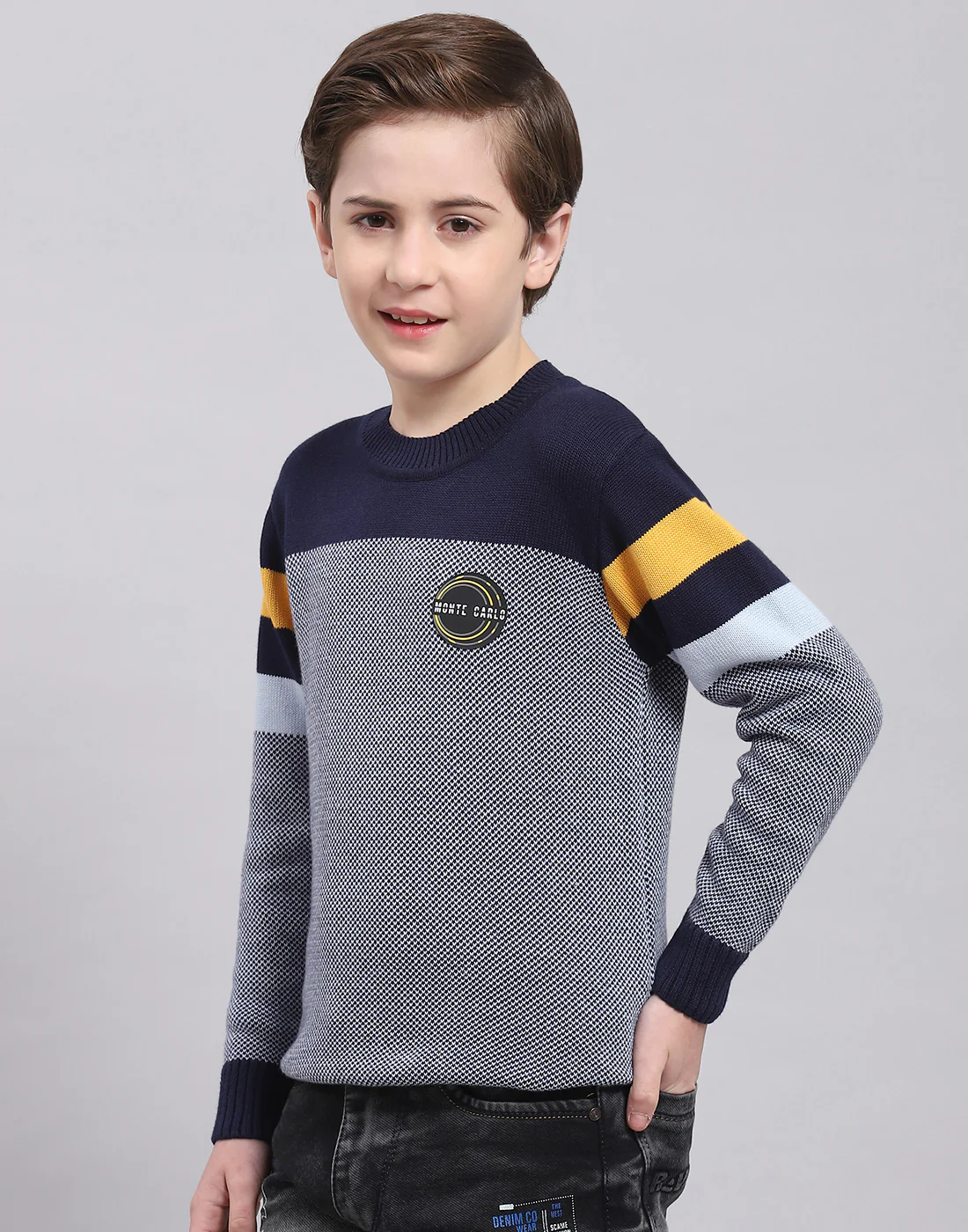 Boys Navy Blue Self Design Round Neck Full Sleeve Sweater - Image 3