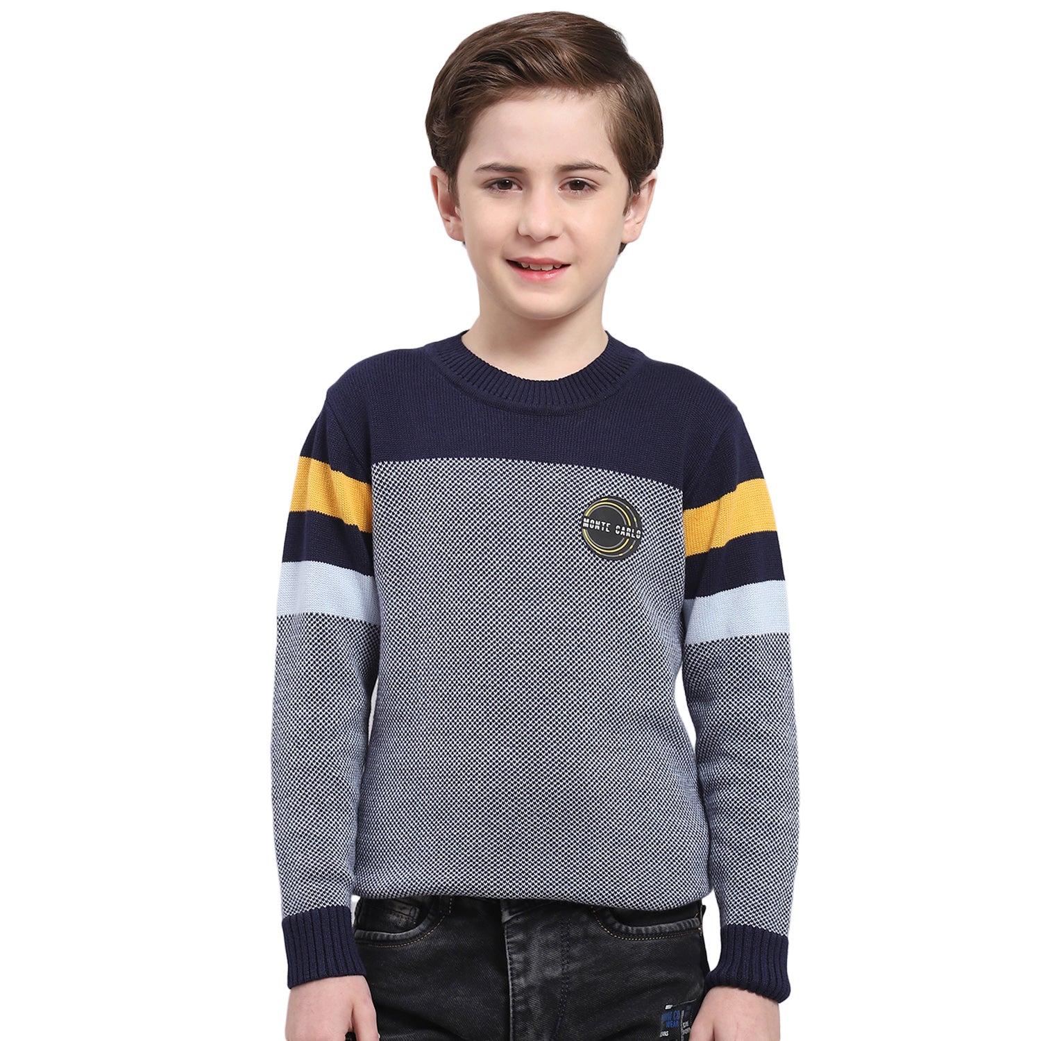 Boys Navy Blue Self Design Round Neck Full Sleeve Sweater - Image 5