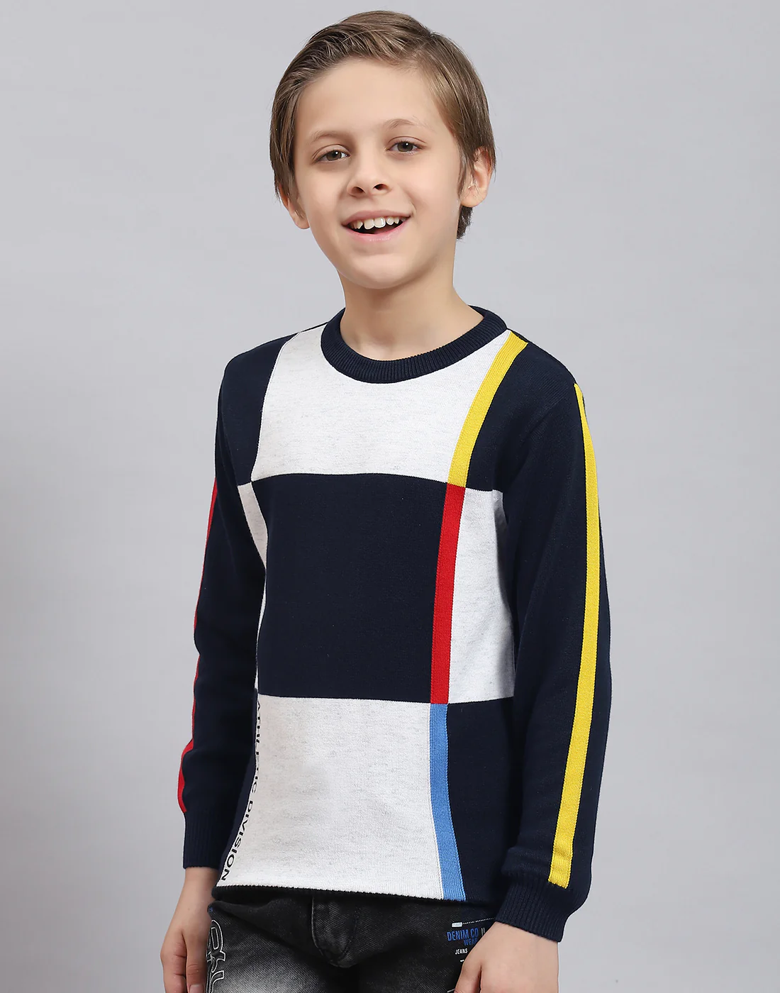 Boys Navy Blue Self Design Round Neck Full Sleeve Sweater - Image 3
