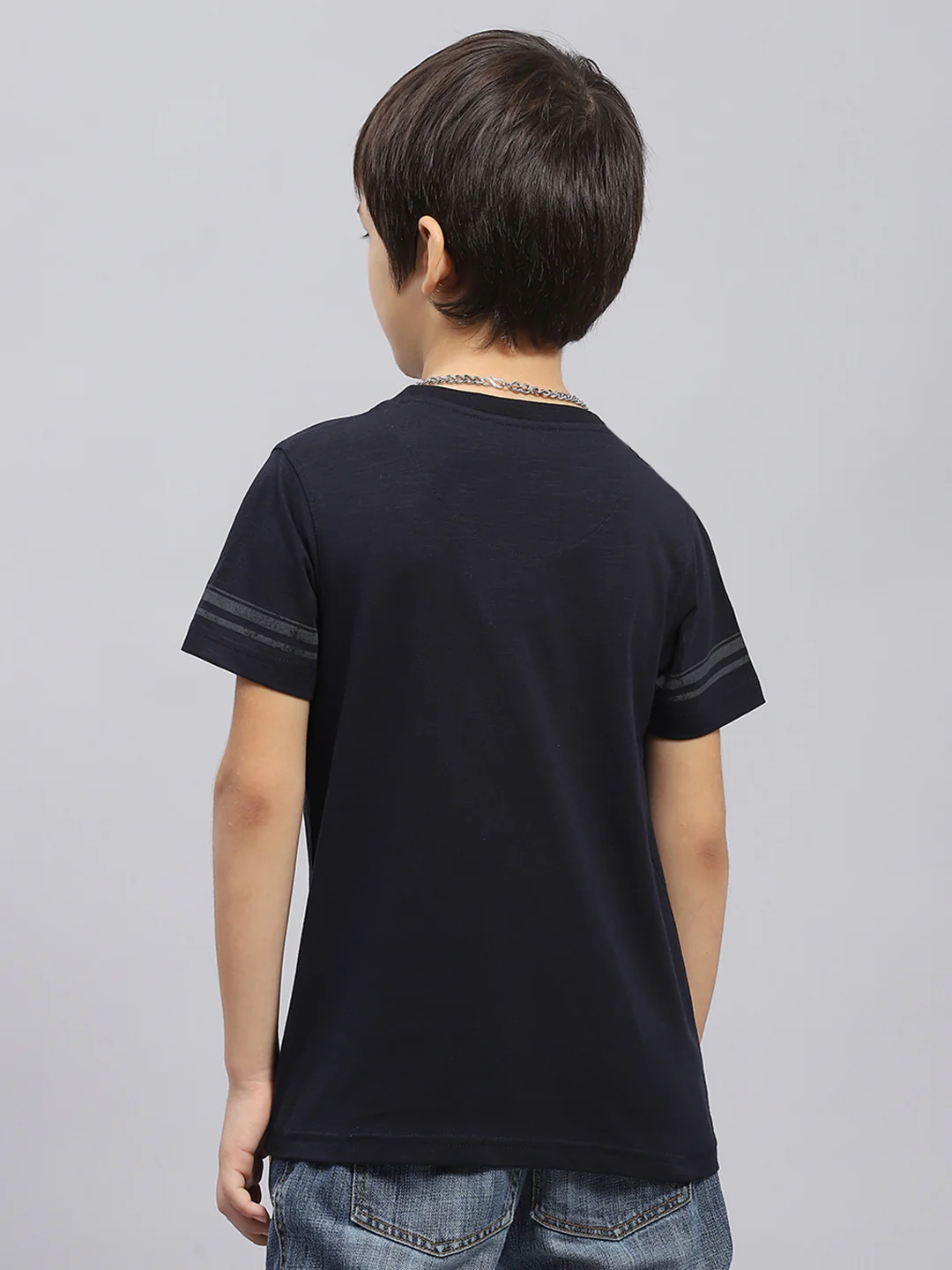 Boys Navy Blue Self Design Round Neck Half Sleeve T-Shirt - Image 5