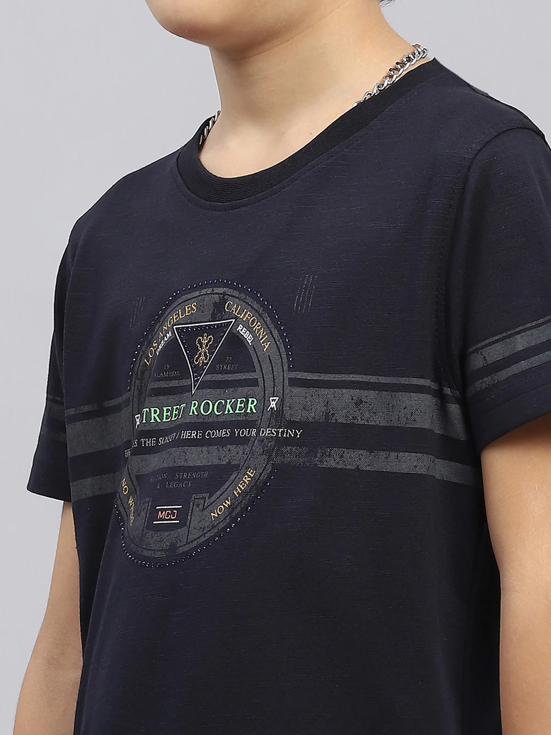 Boys Navy Blue Self Design Round Neck Half Sleeve T-Shirt - Image 6