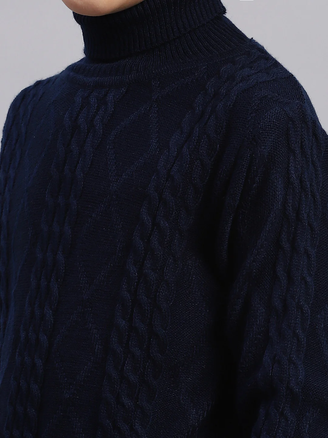 Boys Navy Blue Self Design T Neck Full Sleeve Sweater - Image 7